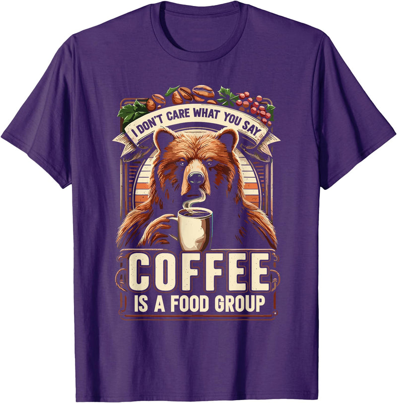 Coffee Bear Tee Shirts Coffee Lover Bear Coffee Coffee Is A Food Group Grizzly Bear T-Shirt - Purple