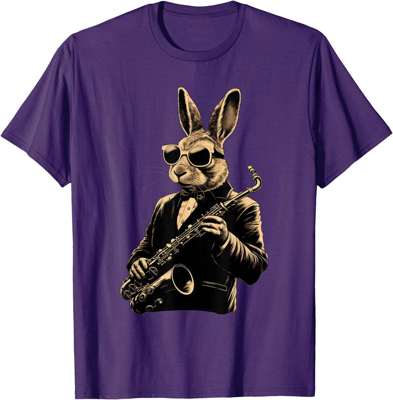 Cute Rabbit Bunny Playing Saxophone Rabbits Musician Music T-Shirt in Purple