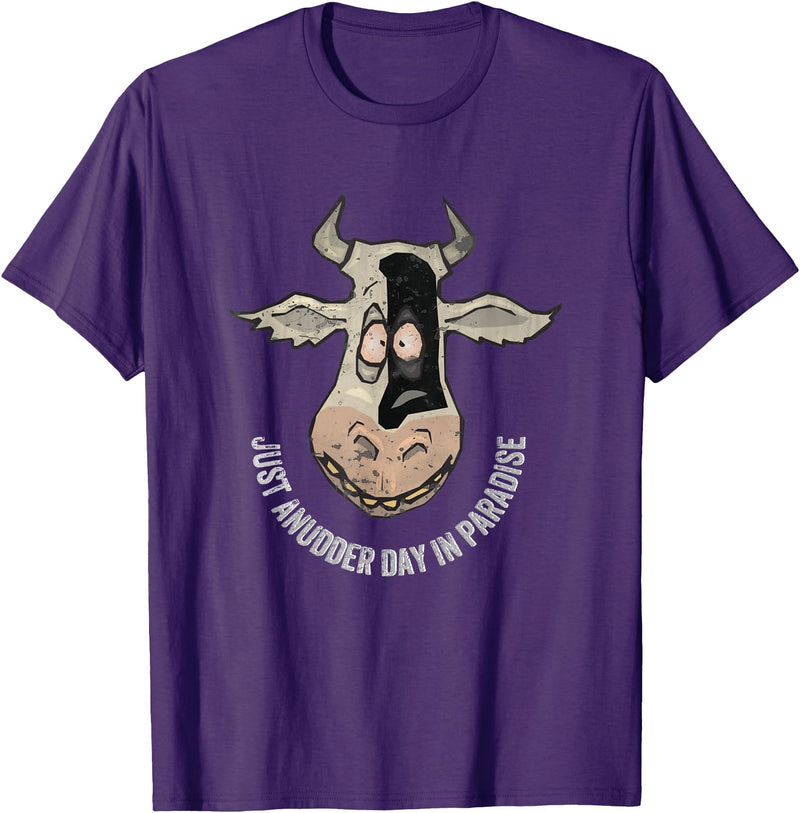 Outstanding in the Field Just Anudder Day in Paradise Funny Cow Farmer Dairy T-Shirt - Purple