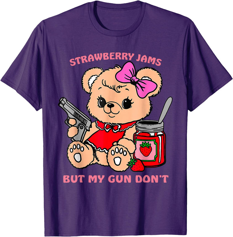 Strawberry Jams But My Gun Don't Funny Teddy Bear T-Shirt - Purple