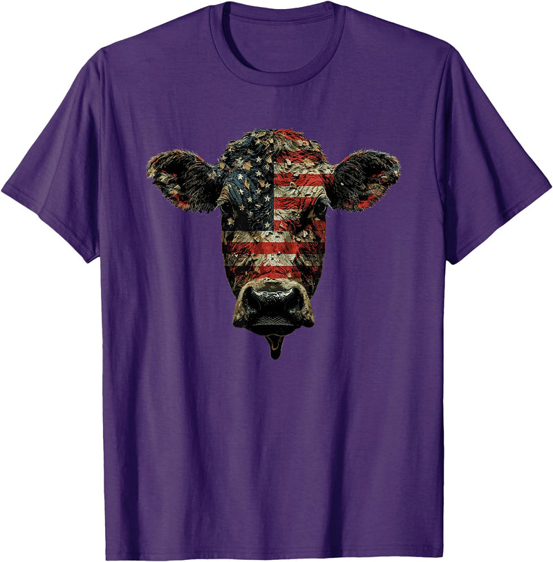 4th Of July Cow Farm Outfits For Men Cow Farm Patriotic Farmer 4th Of July USA American Flag T-Shirt - Purple