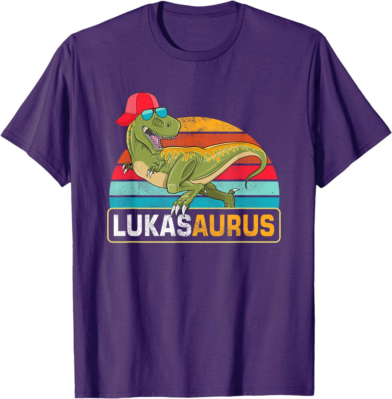 Lukas Name Gifts Boy Named Lukas Lukas Saurus Dinosaur Boy Lukas Name T-Shirt - Purple
