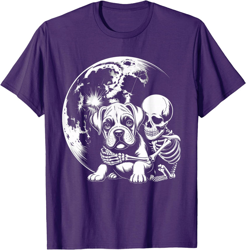Cute Skeleton Boxer Dog Halloween Women Men Skeleton Hugging Dog Halloween Boxer Lover Mom Dad T-Shirt - Purple