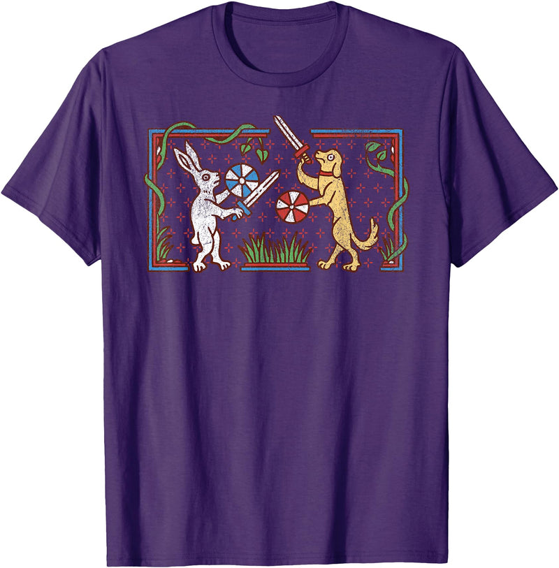Medieval Rabbit & Dog Sword Fighting Cute Vintage Retro T-Shirt in Purple