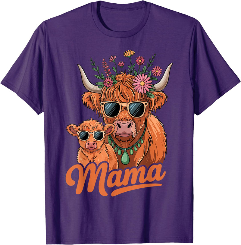 Scottish Farm Matching Mom Daughter Highland Cow Highland Cow Mama Mom Baby Calf Daughter Floral Mothers Day T-Shirt - Purple