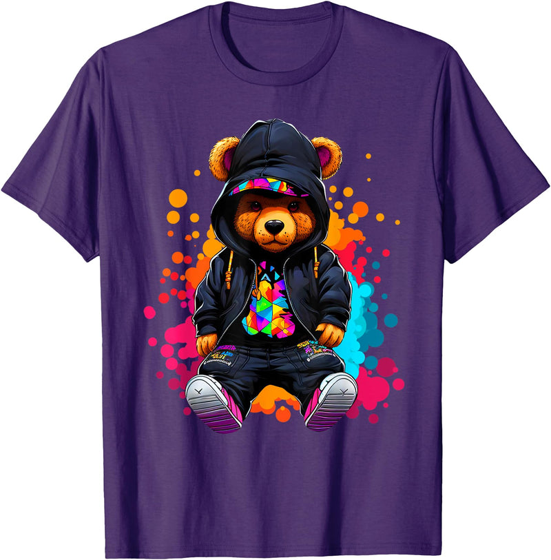 Hip Hop Teddy Bear Aesthetic Wear Co. Hip Hop Bear Colorful Teddy Bear With Hoodie Baseball Cap T-Shirt - Purple