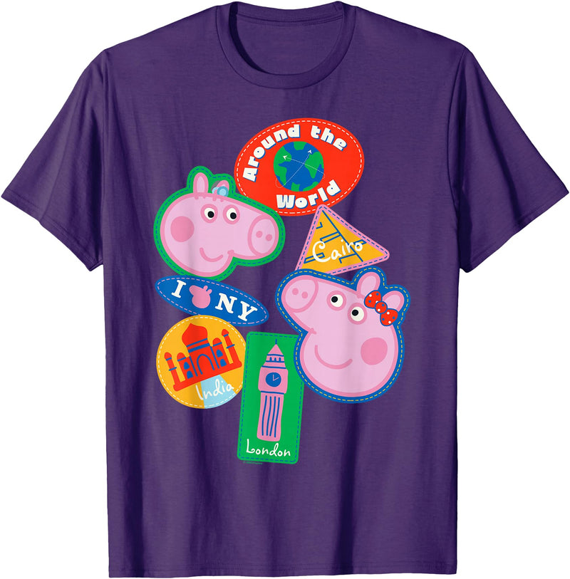 Peppa Pig Travel Patches Around The World Cairo India London T-Shirt - Purple