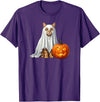 Cute & Funny Spooky Cat and Pumpkin Halloween Orange Cat Ghost and Jack-O-Lantern Halloween T-Shirt - Purple