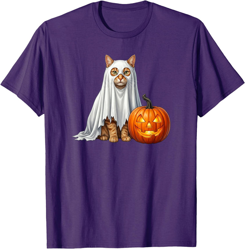 Cute & Funny Spooky Cat and Pumpkin Halloween Orange Cat Ghost and Jack-O-Lantern Halloween T-Shirt - Purple