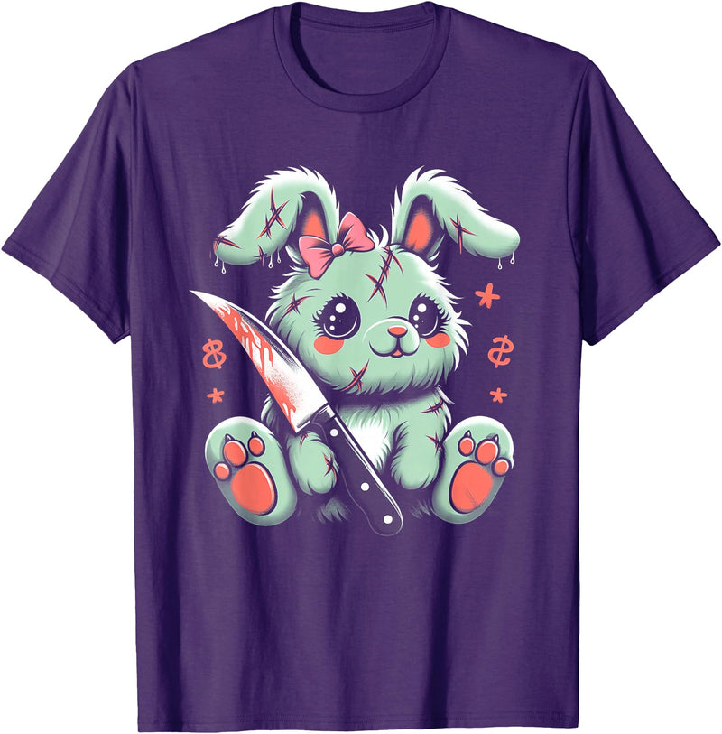 Creepy Cute Bunny Rabbit Alt Goth Grunge Horror Aesthetic T-Shirt (Black) in Purple