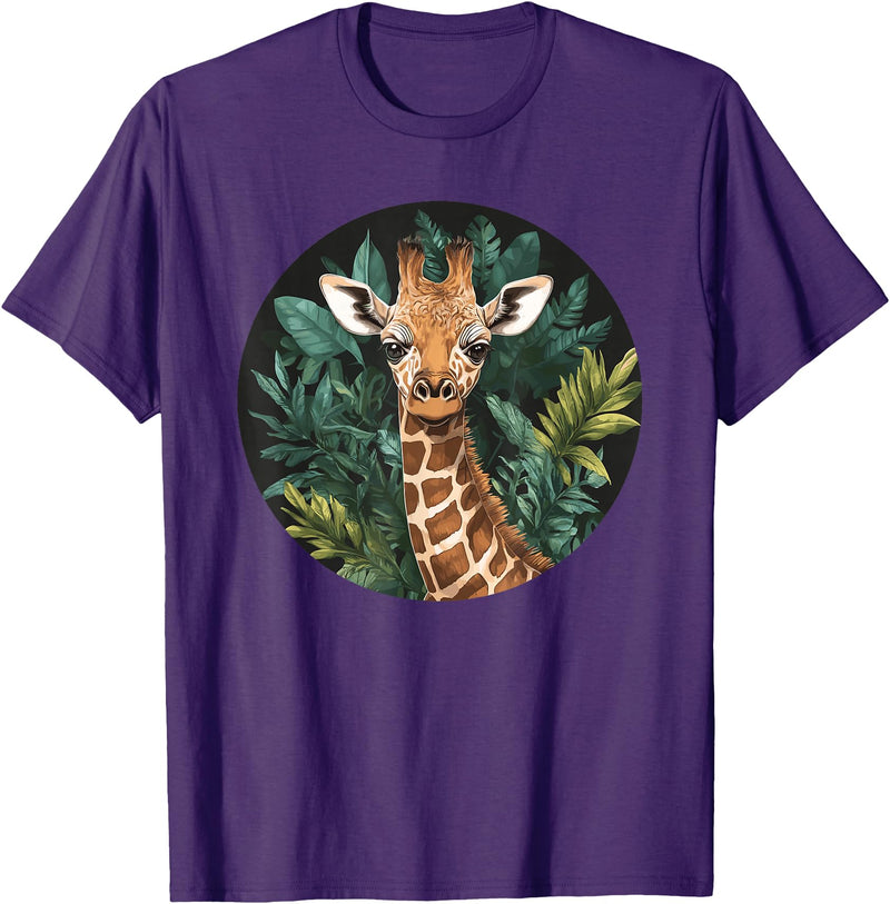 Nature Wildlife Giraffe Safari Jungle Giraffe With Tropical Jungle Leaves T-Shirt - Purple
