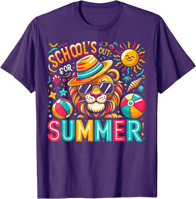 End of School Year Classroom Party Decor Gifts Schools Out For Summer Last Day Of School Boy Kids Lion T-Shirt - Purple
