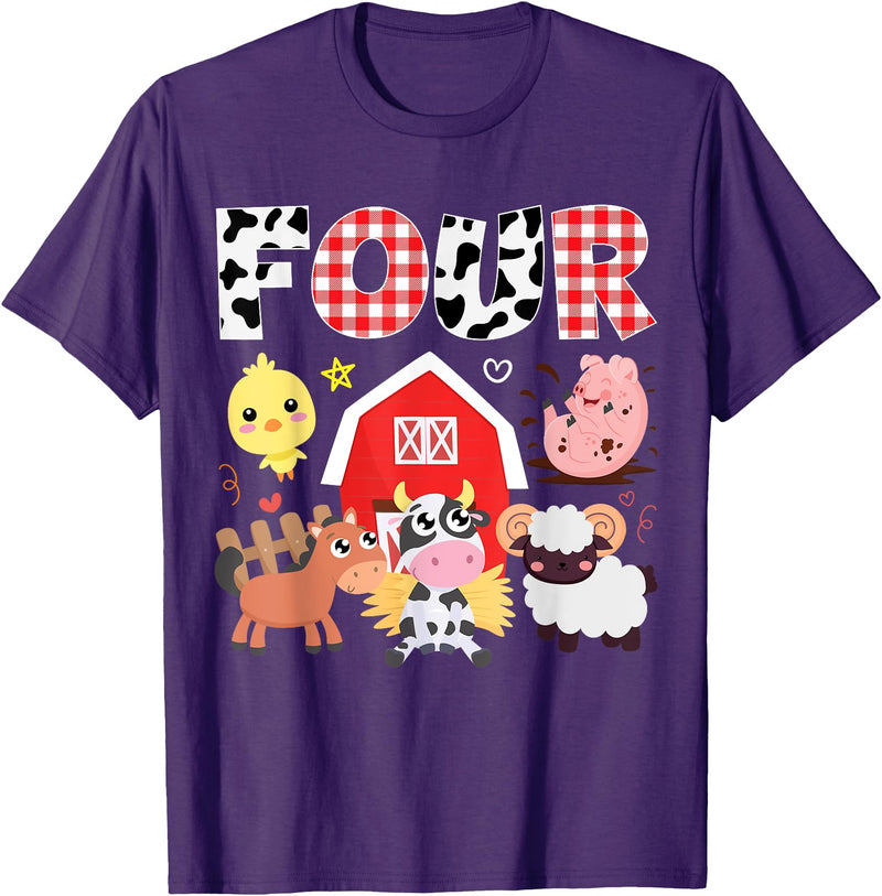 Farm Animals Cow Themed Birthday Party Family Tees 4th Birthday Four Year Old Farm Theme Animals Birthday Party T-Shirt -