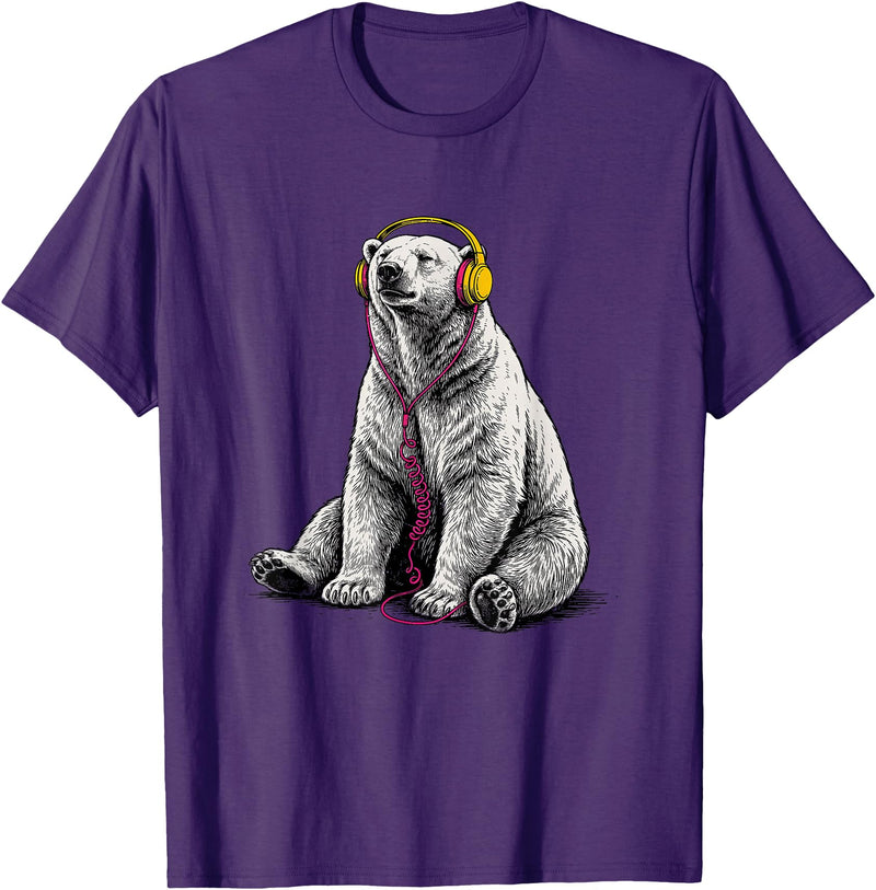 Arctic Wildlife Music Lover Designs Polar Bear Headphones Music Lover Funny Arctic DJ T-Shirt - Purple