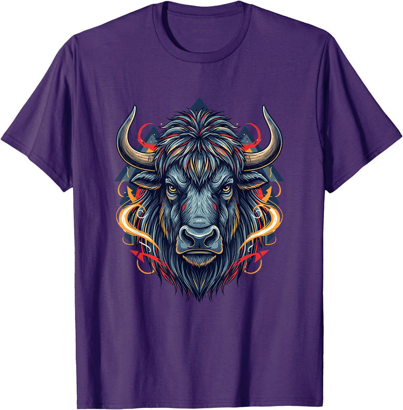 Wild Buffalo Bison Tribal Western Spirit Fierce Wild Bison Head Tribal Geometric Buffalo T-Shirt - Purple