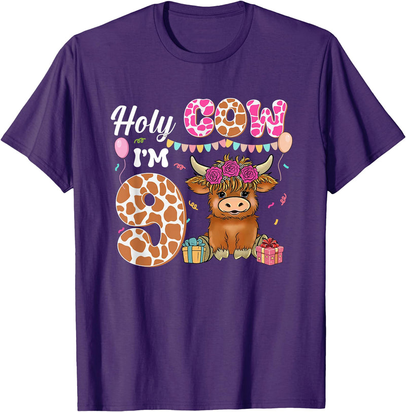 Holy Cow I'm 9 Highland Cow 9th Birthday Holy Cow I'm 9 Highland Cow Farming 9th Birthday 9 Years Old T-Shirt - Purple