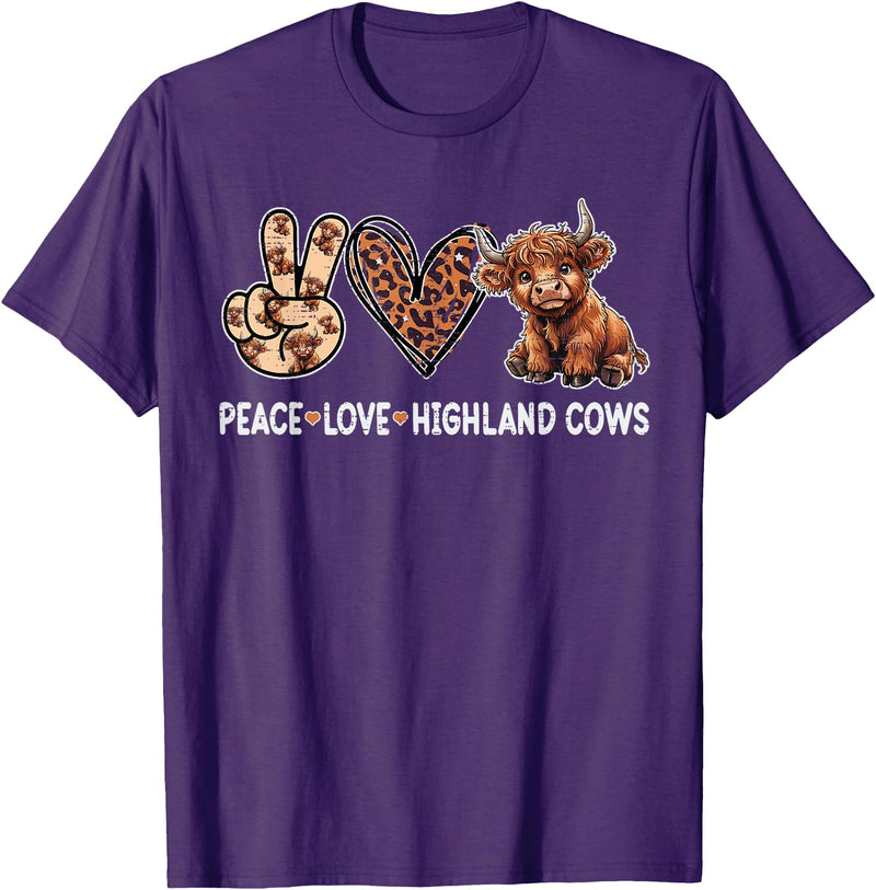 Highland Cow shirts for Girls Women Kids Peace Love Highland Cows Funny Beef Farmer Farm Cow Lover T-Shirt - Purple