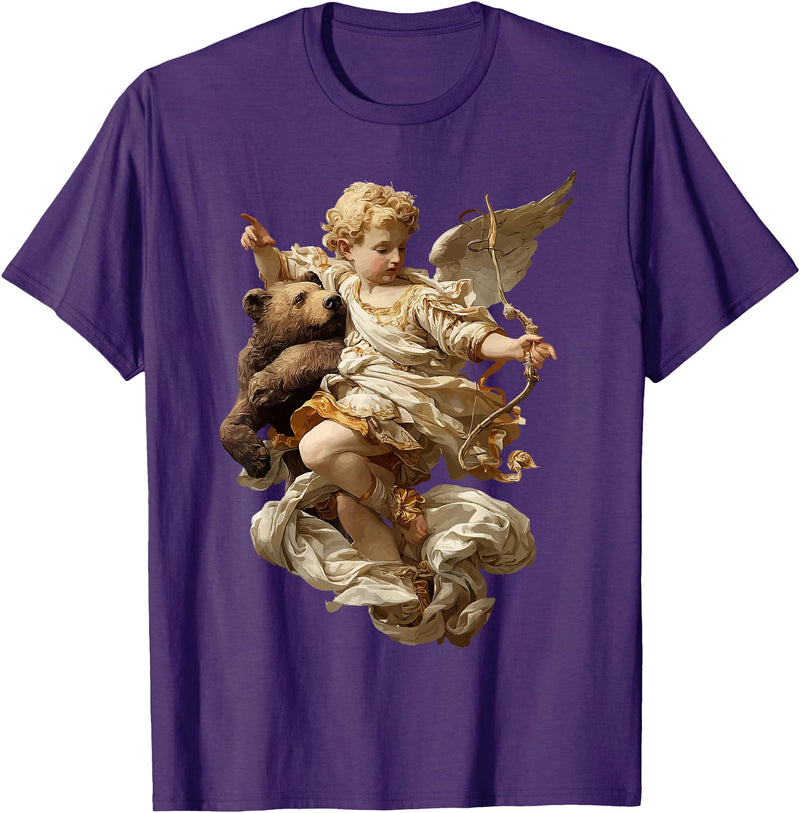 Vintage Angel Aesthetic Classical Art Cute Cherub Angel with Bear Baroque Renaissance Aesthetic T-Shirt - Purple