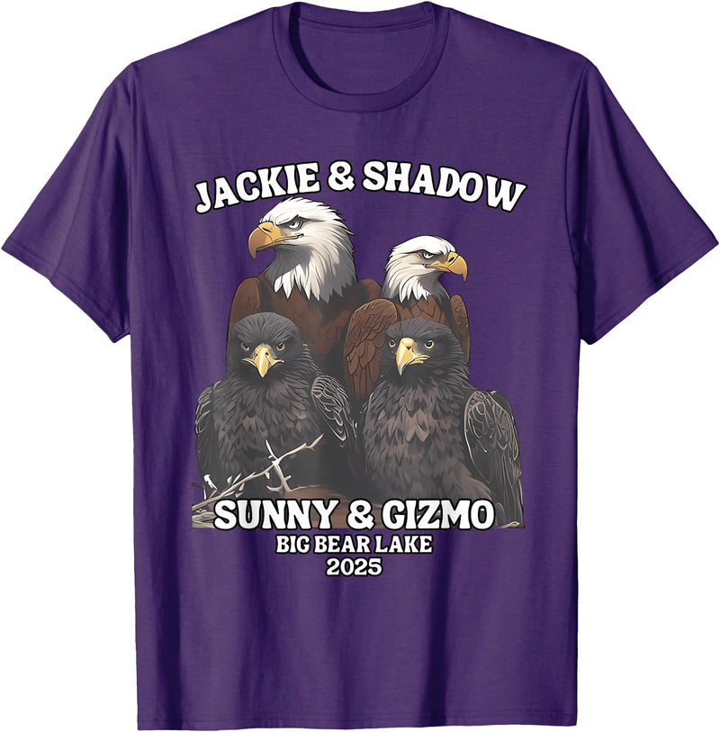 Jackie and Shadow Bald Eagle Family Tee Jackie and Shadow Sunny and Gizmo Big Bear Lake 2025 T-Shirt - Purple