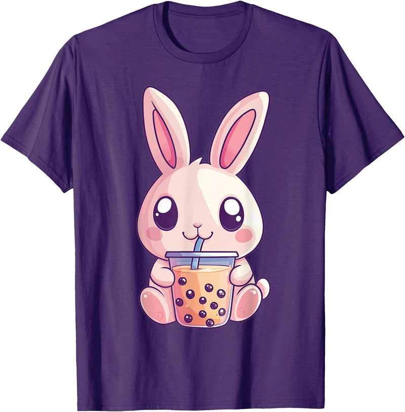 Kawaii Bunny Rabbit Boba Tea Anime Cute Easter Graphic T-Shirt in Purple