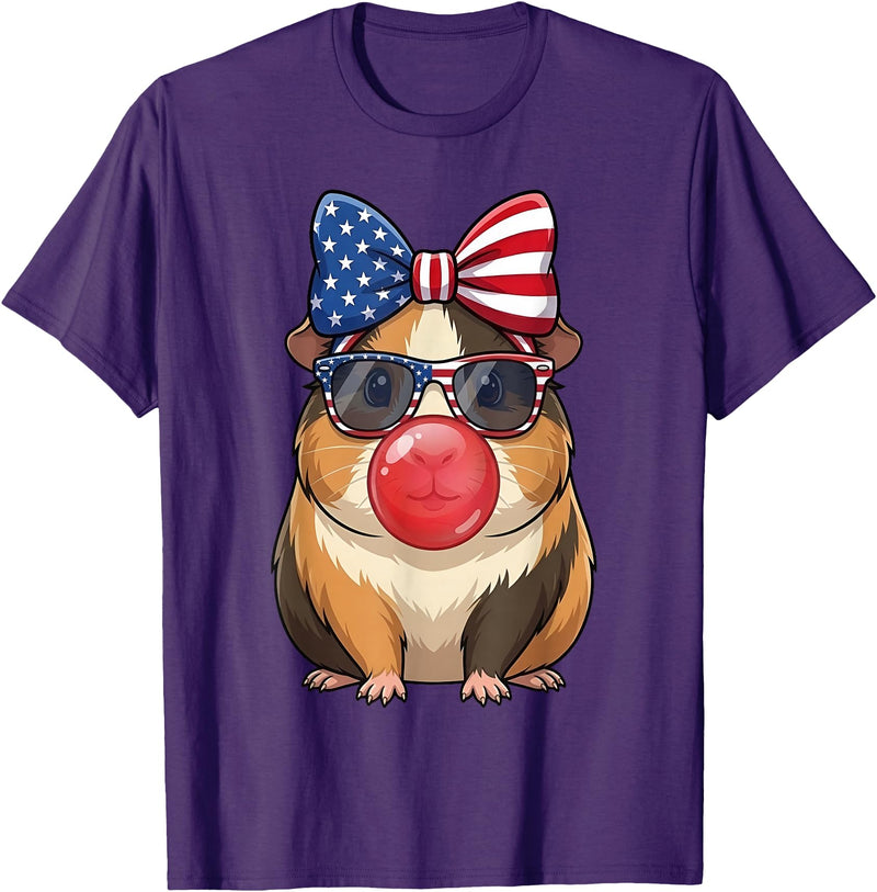 Cute Guinea Pig Bubble Gum Coquette Bow Girls Kids Patriotic Guinea Pig 4th of July Bow American Flag Girls T-Shirt - Purple