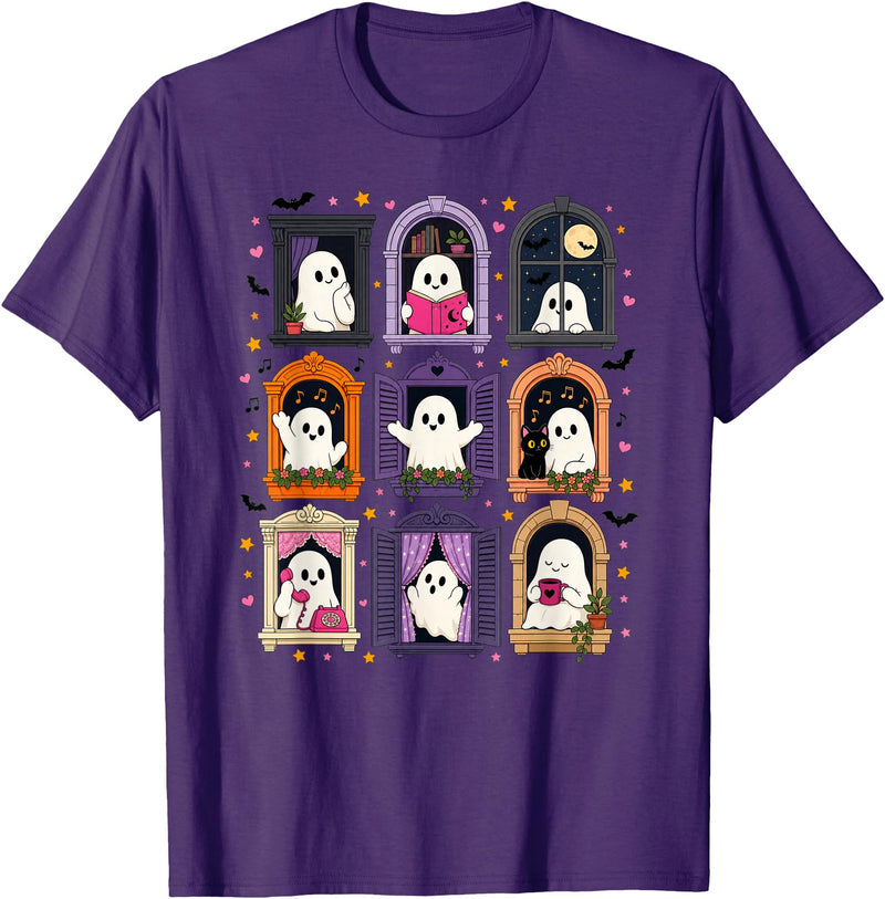 Cozy Spooky Aesthetic And Halloween Vibes Cute Halloween Kawaii Ghosts Spooky Season Costumes Fall T-Shirt - Purple