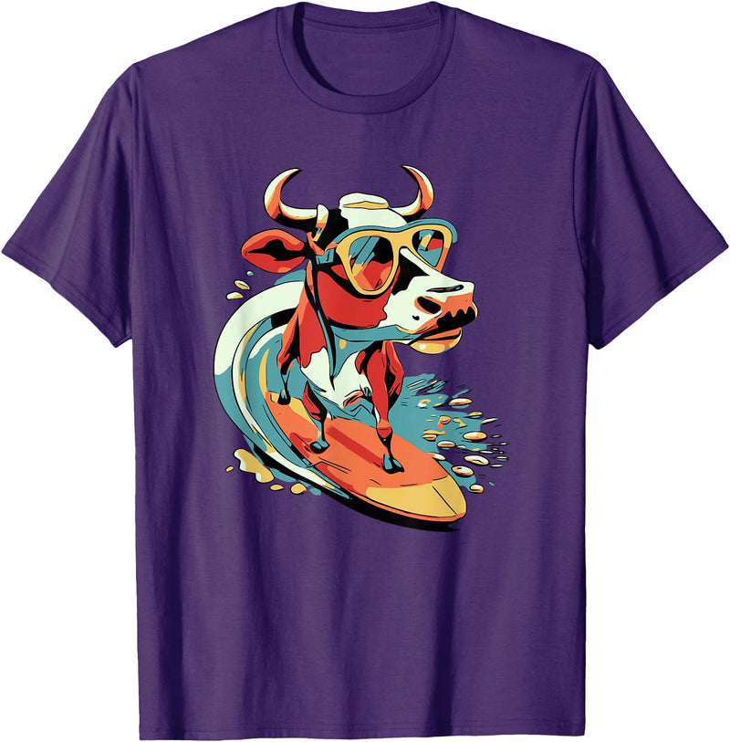 Surfing Cow Catching a Wave Surfer Design Co. Surfing Cow Catching a Wave Farmer Surfer Surf Time T-Shirt - Purple