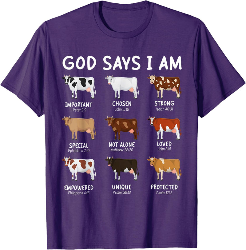God Says I Am Christian Bible Verse Apparel God Says I Am Cute Heifer Cow Bible Verse Christian T-Shirt - Purple