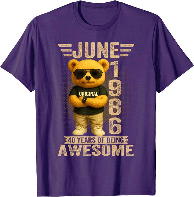 June 1986 40th Birthday Gifts for Men Women 40 Year Old June 1986 Teddy Bear 40th Birthday Men Women T-Shirt - Purple