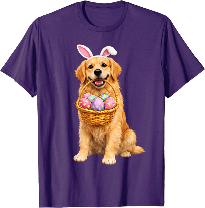 Golden Retriever Bunny Ears Eggs Cute Easter Dogs T-Shirt in Purple