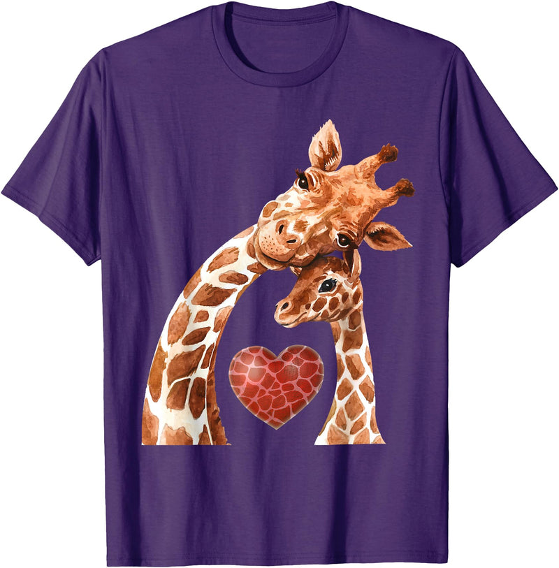 New Mom Giraffe Tees for Women Baby and Giraffe Mom Shirt New Mom Heart Cute Giraffe T-Shirt - Purple