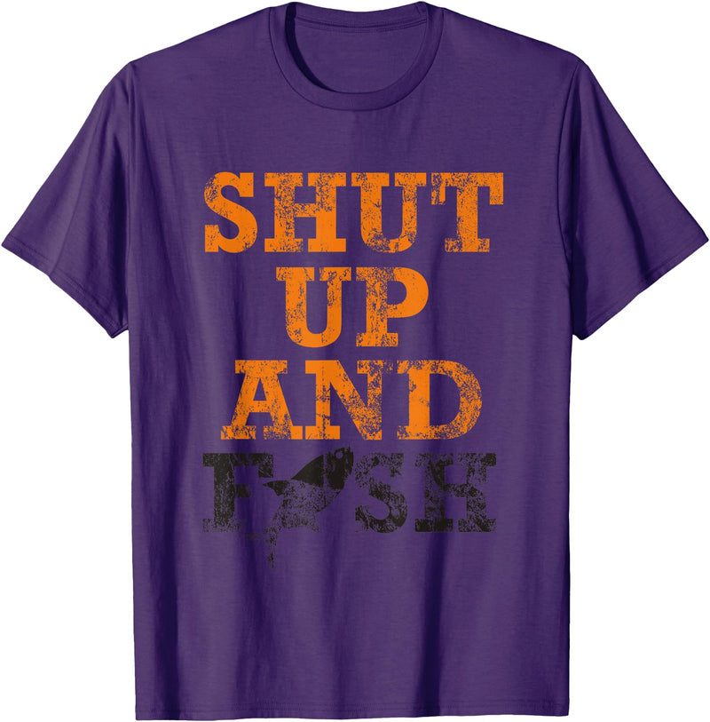 Green Cow Land Shut Up And Fish Distressed apparel T-Shirt - Purple