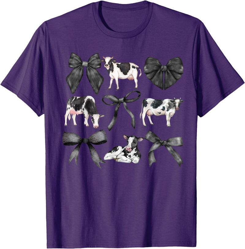 Kristen Michael Coquette Cows, Cows and Bows, Watercolor, Holsteins T-Shirt, Small, Grey - Purple