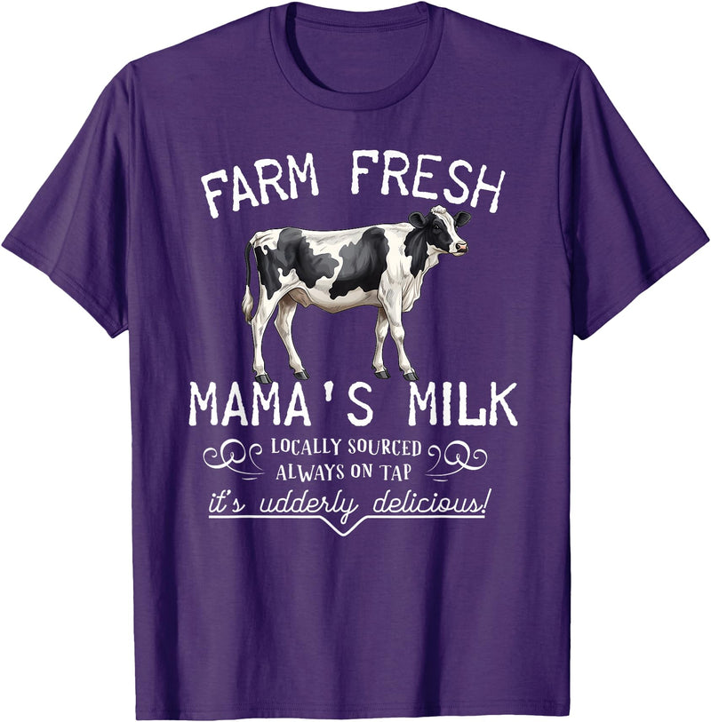 New Mommy Breastfeeding HumorDesigns for Women Funny Breastfeeding Mama's Milk Cow Farm Lacatation New Mom T-Shirt - Purple