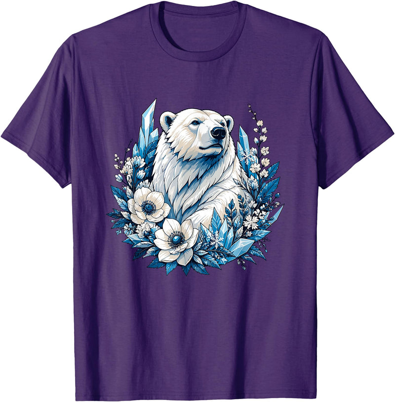 Arctic Polar Bear Floral Crystal Nature Winter Wildlife Polar Bear with Ice Flowers T-Shirt - Purple