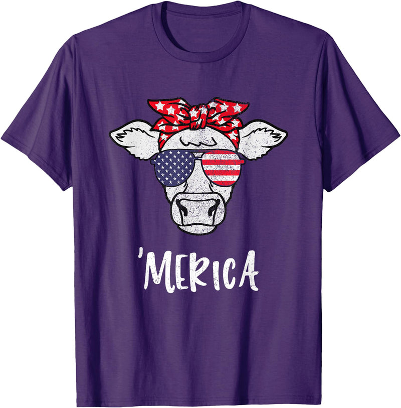 Funny Merica Cow America 4th Of July Retro Vintage Merica American Cow American Flag Retro Vintage Patriotic T-Shirt - Purple