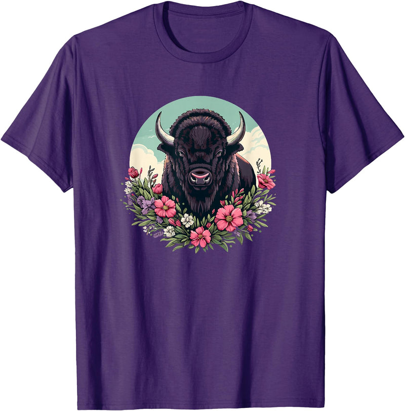Wild Plains Buffalo Bison Gifts T Shirts & Hoodies Womens Girls Old West Retro Vintage Floral Buffalo Lover T-Shirt - Purple