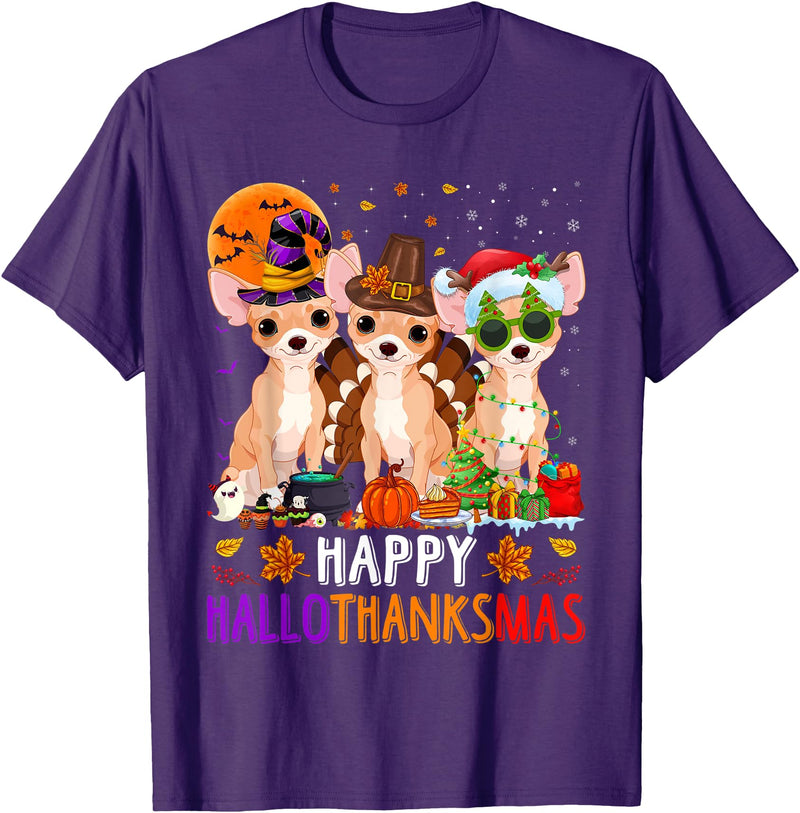 Cute Chihuahua Dog Happy Hallothanksmas Happy Hallothanksmas Chihuahua Dog Halloween Christmas T-Shirt - Purple