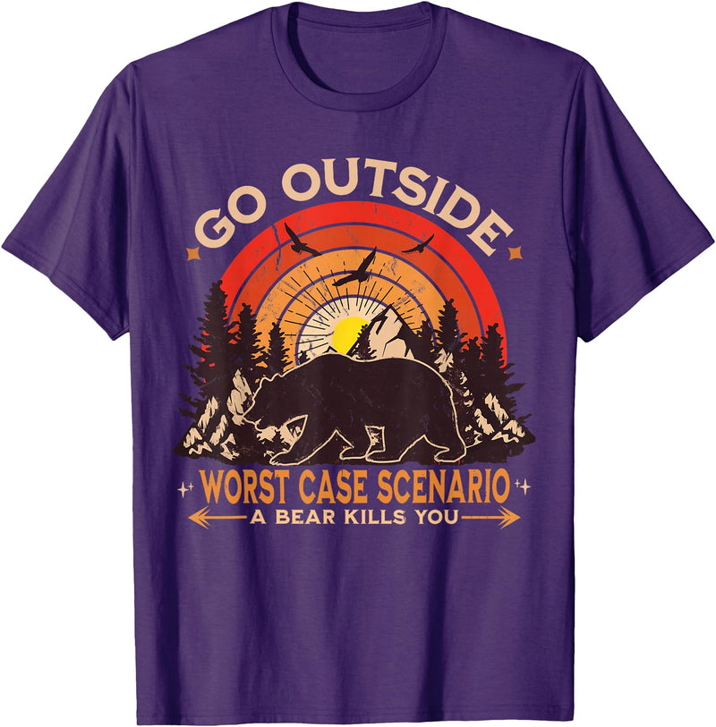 Go Outside Funny Camping Hiking Outdoor Lover Gift Go Outside Worst Case Scenario A Bear Kill You Camping Bear T-Shirt - Purple