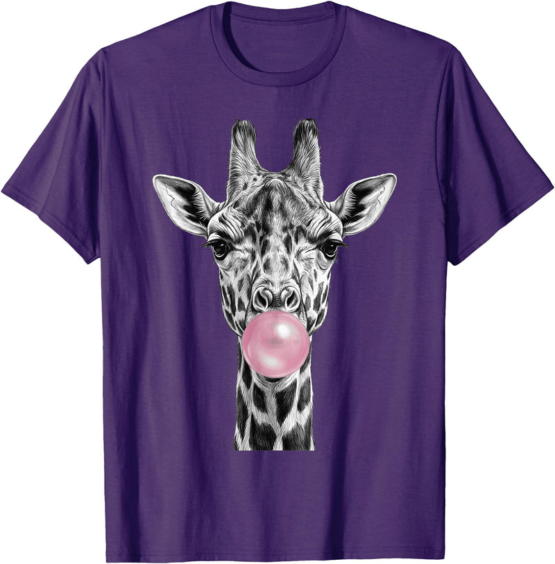 Wild Bubble Art Cool Giraffe Blowing Pink Bubblegum Sketch Art T-Shirt - Purple