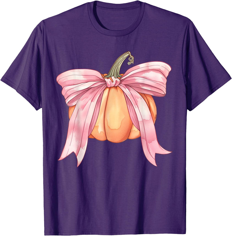 Coquette Halloween Tees NYC Coquette Autumn Pumpkin Pink Bow Girly Halloween Fall Women T-Shirt - Purple