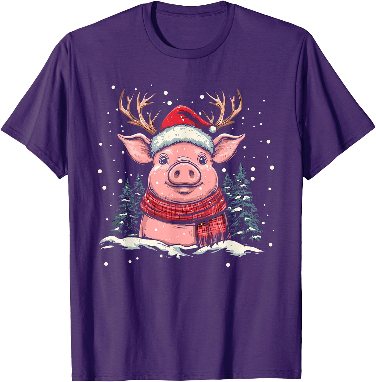 Funny Pig Christmas Outfit Pig Reindeer Santa Hat Christmas Xmas T-Shirt - Purple