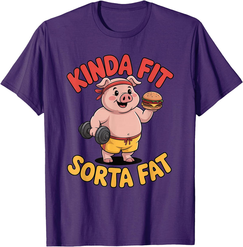 Funny Fitness Humor Food Lifestyle Merch. Kinda Fit Sorta Fat Funny Workout Burger Pig Gym T-Shirt - Purple