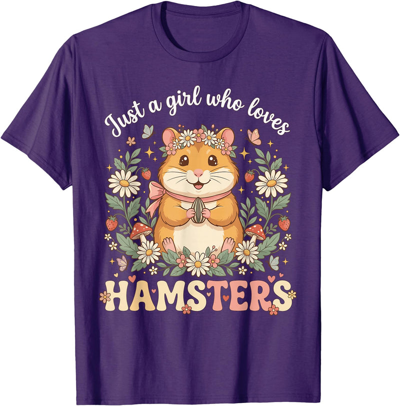 Just a Girl Who Loves Hamsters Cute Floral Pet Aesthetic T-Shirt - Purple