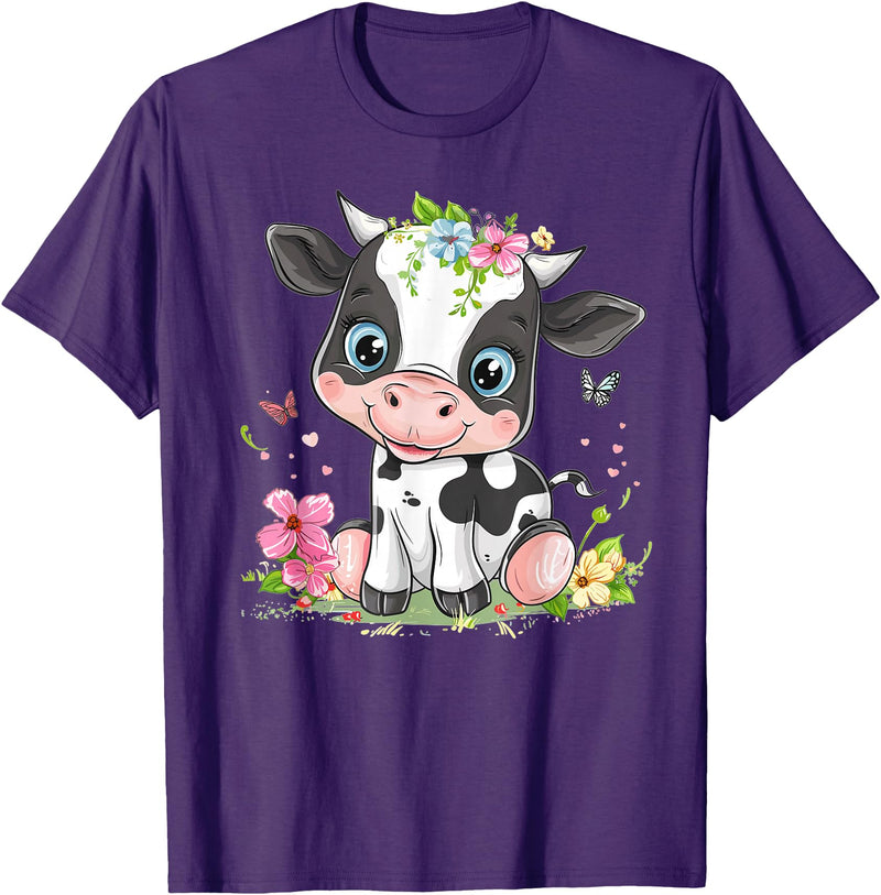 Colorful Cow Art I Cartoon Cow Cute Cow With Flowers I Kids Cow T-Shirt - Purple