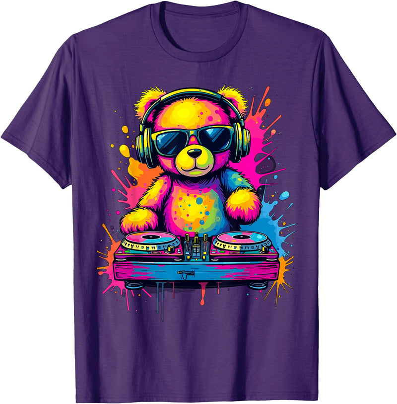 Magical and Funny DJ Gifts Colorful DJ Teddy Bear T-Shirt, Unisex-Kids, Black, Small, Long Sleeve, Classic Fit, Polyester 100% - Purple