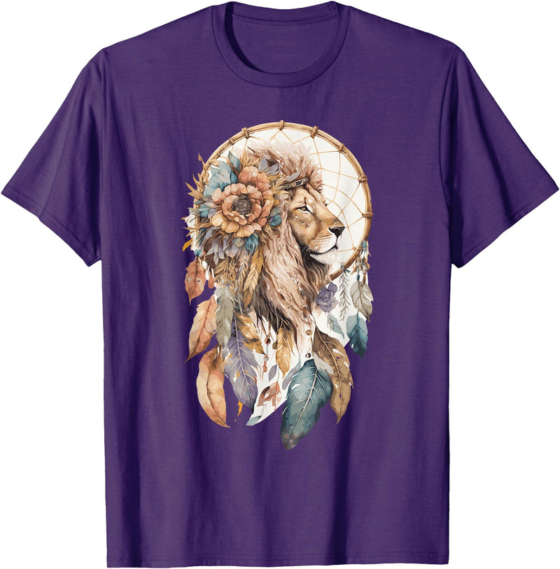 More Tribal Native American Totem Animal Art Lion Tribal Watercolor Lion Dream Catcher T-Shirt - Purple