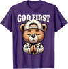 Christian Hip Hop Hustle Praying Teddy Bear Design God First Hip Hop Teddy Bear Cross Christian Streetwear Pray T-Shirt - Purple