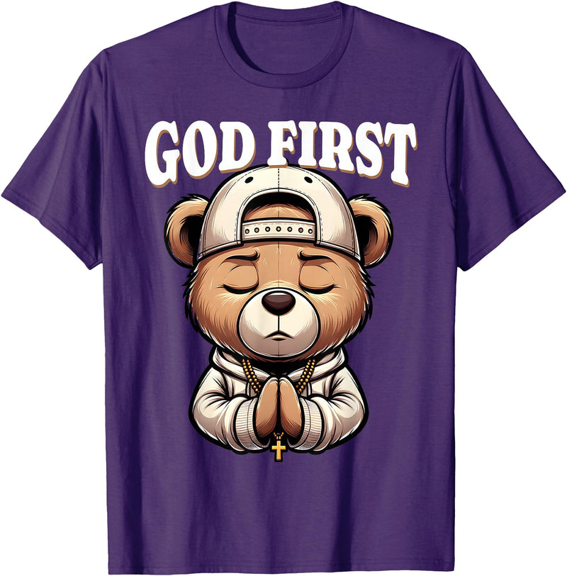 Christian Hip Hop Hustle Praying Teddy Bear Design God First Hip Hop Teddy Bear Cross Christian Streetwear Pray T-Shirt - Purple