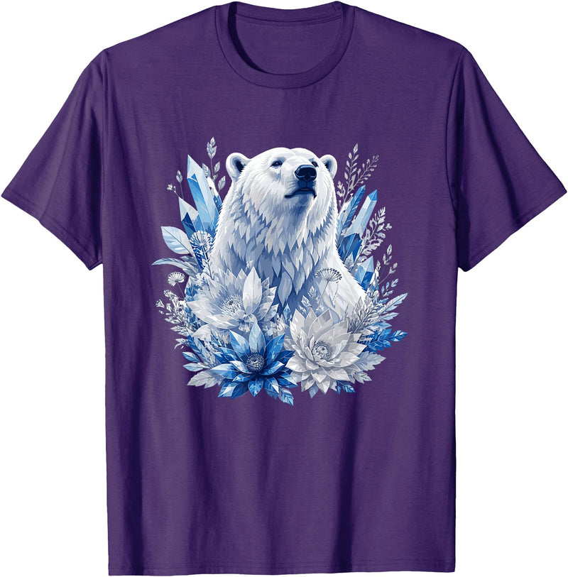 Arctic Polar Bear Crystal Flowers Nature Majestic Arctic Polar Bear with Ice Flowers Fantasy T-Shirt - Purple